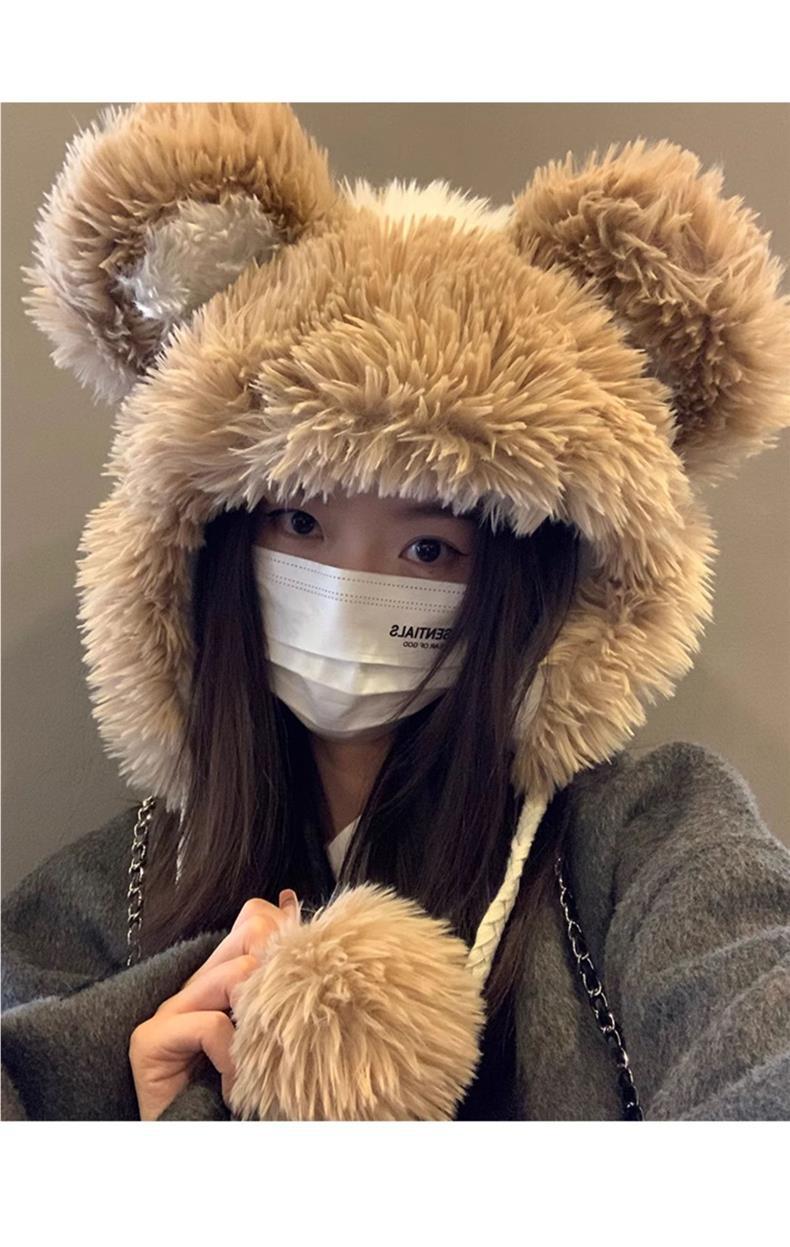Women's Hat2024New Fluffy Cute Bear Thickened Warm Hat for Autumn and Winter, Big Head Circumference, Face Slimming Pullover Hat