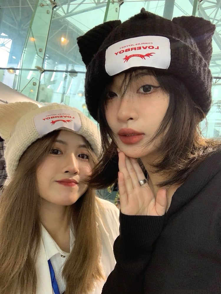 Winter Hat for Women Korean Style Knitted Cat Ear Hip-Hop Beanie Personalized Letter Warm Pullover Hat Internet Celebrity Same Style