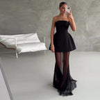 Women's New Style Strapless Elegant Waist-Cinching Mesh Black Skirt Set
