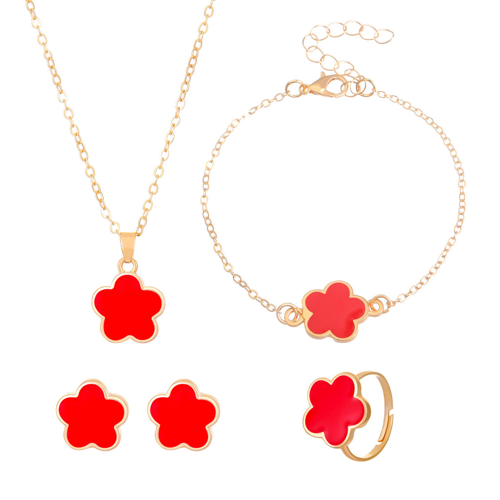 Same Style as Stars2025New Five-leaf Clover Jewelry Set for Women Simple Petal Necklace Five-leaf Flower Bracelet Ring Earrings4Set shipped together for safety