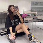 100%100% Cotton Fashion Trendy Brand Short Sleeve t Korean Style Women's Loose Hong Kong Style Heavy Rhinestone Slimming Half Sleeve Top