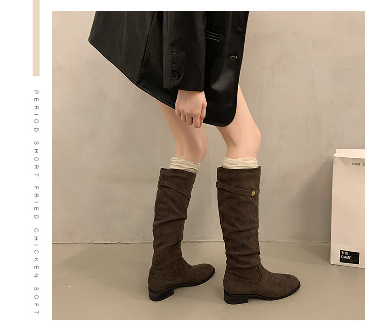 Over-the-Knee Khaki Slouch Boots High Tube Riding Boots Women's Shoes New Autumn Winter Pleated Slimming Long Boots