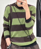 High-Quality Wool Fleece Feel Color-Block Crew Neck Sweater Loose Knitwear Wool Sweater for Women Australian Green