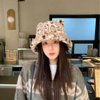 New Korean Style Casual Hat for Women Winter Cute Leopard Print Plush Fisherman Hat Korean Style Warm Versatile Student Bucket Hat