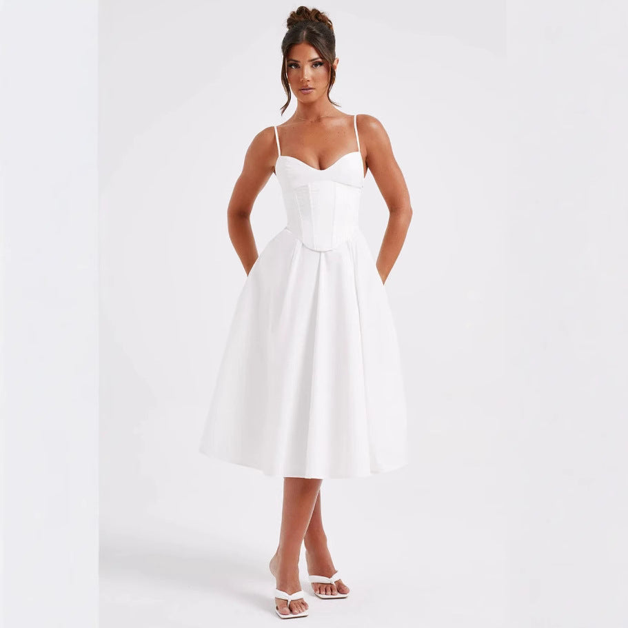 French Retro Solid Color Sleeveless Fishbone Dress2024Winter New Fresh and Elegant V Collared Waist-Cinching Mid-Length Skirt