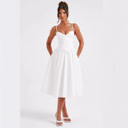 French Retro Solid Color Sleeveless Fishbone Dress2024Winter New Fresh and Elegant V Collared Waist-Cinching Mid-Length Skirt