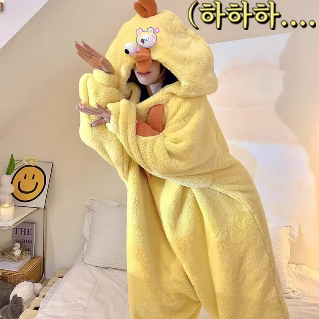 Autumn Winter Little Yellow Chicken One-Piece Pajamas Funny Cute Coral Fleece Couple Robe Unisex Homewear