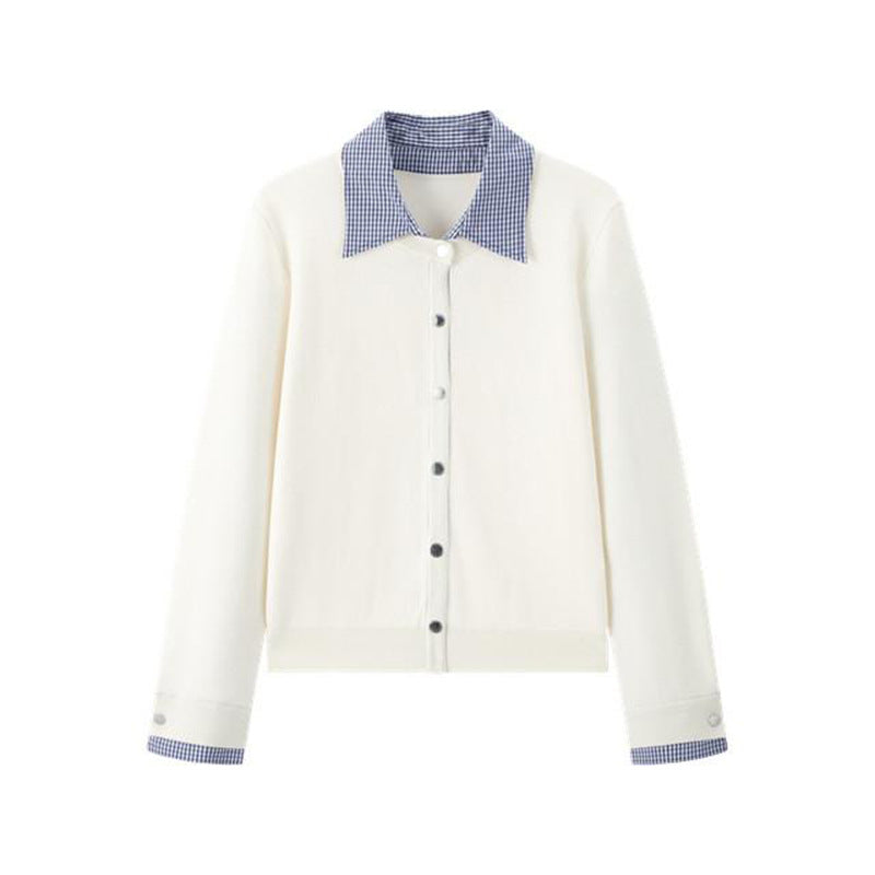 Custom Celebrity Design2025Autumn New Versatile Loose Fit Shirt Collar Plaid Patchwork Fake Two-Piece Knitted Sweater for Women 1EDF4173