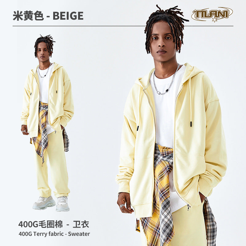 TILANI Men's Fashion Brand Dopamine400G Zipper Jacket Solid Color Unisex Cardigan Hooded Sweatshirt