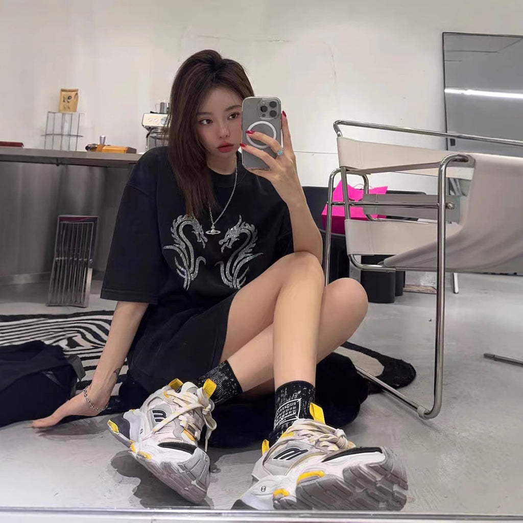 100%100% Cotton Fashion Trendy Brand Short Sleeve t Korean Style Women's Loose Hong Kong Style Heavy Rhinestone Slimming Half Sleeve Top