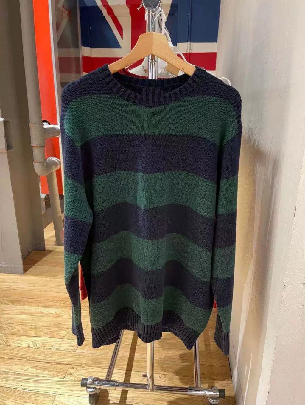 BM Style Retro College Style V-Neck Green Striped Loose BM Knitted Sweater Cardigan Coat for Women