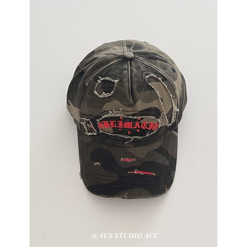 Celebrity Style Spring Summer New American Retro Distressed Camouflage Letter Baseball Cap for Women, Face Slimming Hat, Large Head Circumference Duckbill Cap
