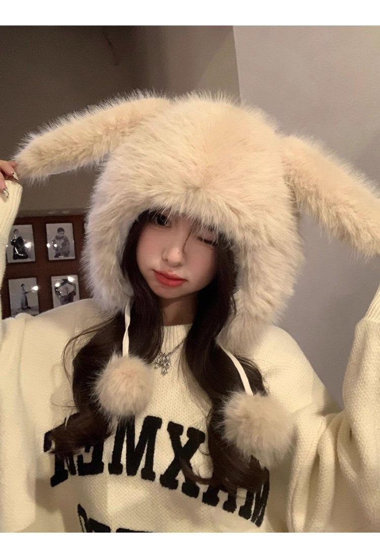 Cute Rabbit Lei Feng Hat with Ears, Plush Hat for Women, Winter Fox Fur Thickened Warmth, Cold Protection, Ear Protection, Head Wrap Hat for Women