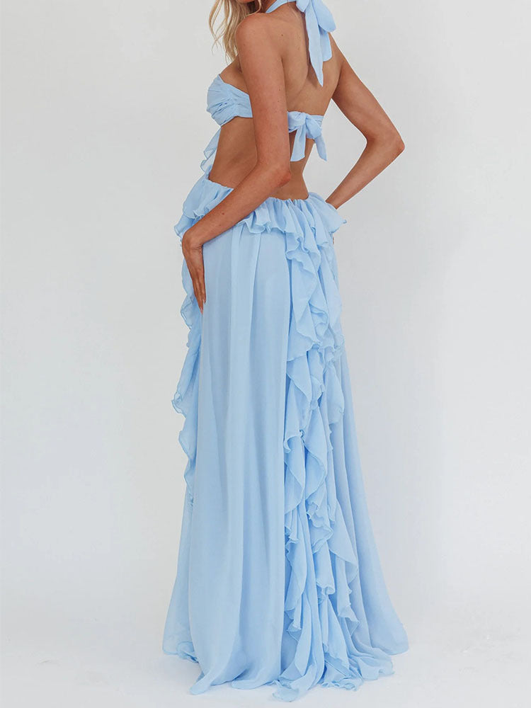 Spring and Summer New Sexy Lace-Up Strapless Backless Lace-Up Ruffle Long Dress Women's Fashion