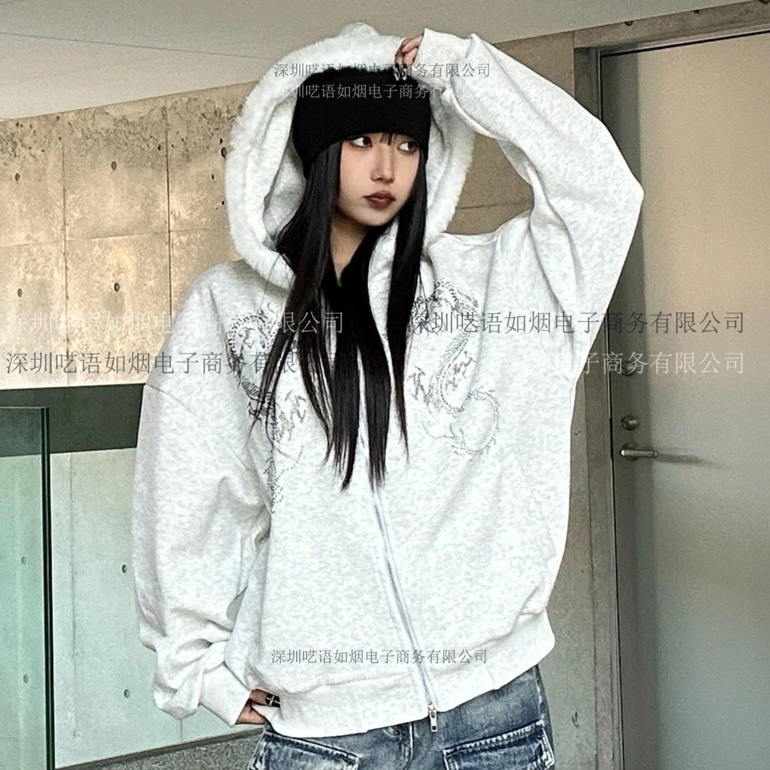 Loose Zipper Sweatshirt with Rhinestones, Long Sleeve Pullover Hoodie, Vintage Jacket for Street Style