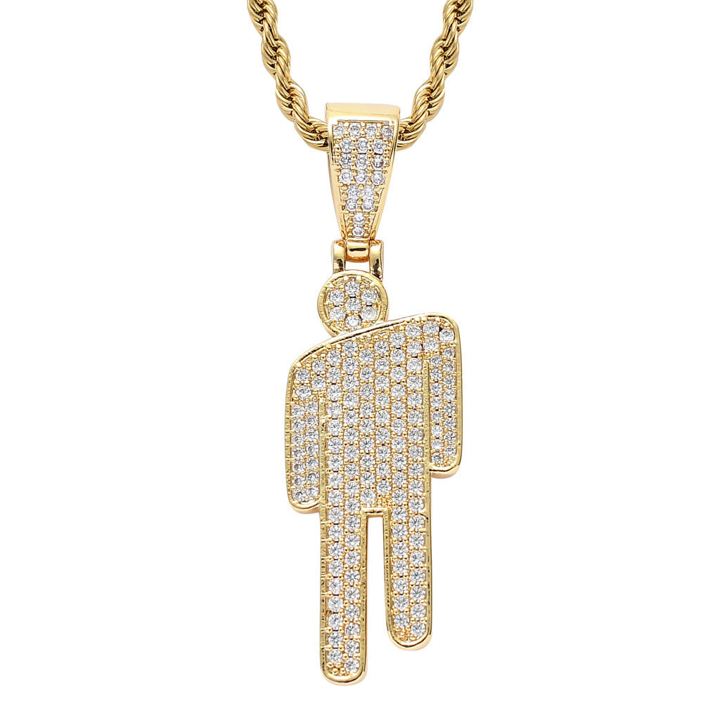 Celebrity Style Necklace Billie Crooked Head Pendant Full Zircon Hip-Hop Necklace