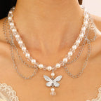 Celebrity Style Jewelry Niche Design Hot Girl Imitation Pearl Tassel Heart Cross Butterfly Versatile Necklace for Women