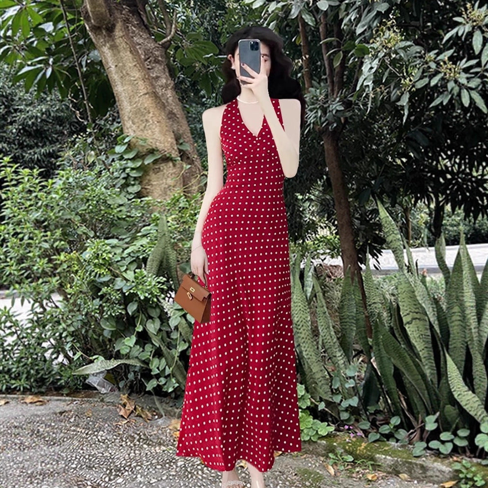 Star Custom Celebrity Design2025Spring and Summer French Retro Sweetheart V Red Polka Dot Halter Neck Dress for Women, Backless Tie Strap Vest Long Dress