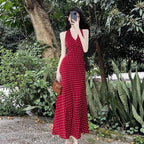Star Custom Celebrity Design2025Spring and Summer French Retro Sweetheart V Red Polka Dot Halter Neck Dress for Women, Backless Tie Strap Vest Long Dress