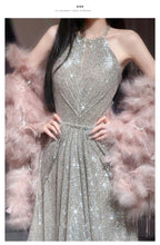 French-style Halter Neck Toasting Dress for Bride2025New Light Luxury Elegant Pink Feather Shawl Sequin Evening Dress