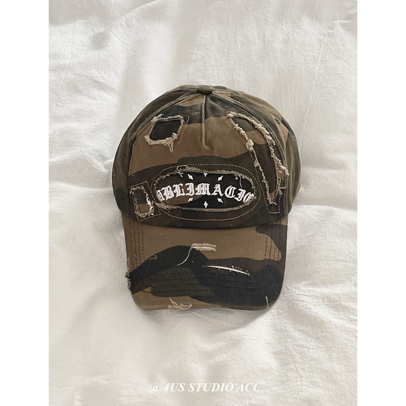 Celebrity Style Spring Summer New American Retro Distressed Camouflage Letter Baseball Cap for Women, Face Slimming Hat, Large Head Circumference Duckbill Cap