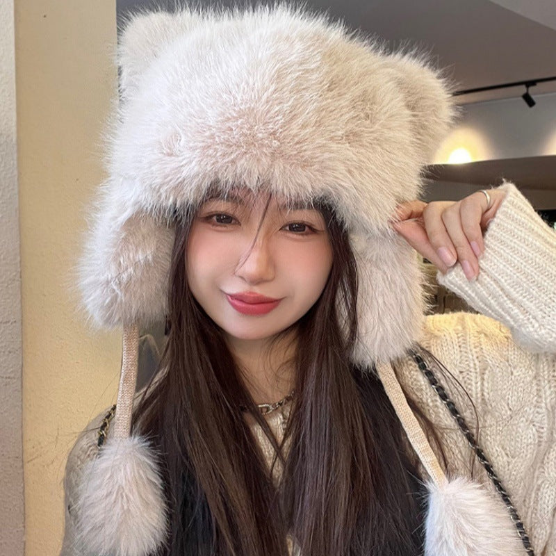 Little Bear Ear Protection Hat for Women, Autumn and Winter Warmth, Thickened with Fleece2025New Plush Cute Lei Feng Hat