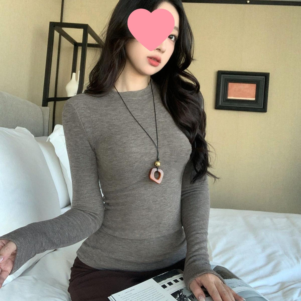 Fleece-Lined Thickened Polar Fleece Autumn Winter Base Shirt Regular Shoulder Round Neck Long Sleeve