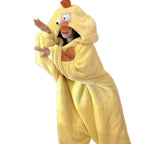 Autumn Winter Little Yellow Chicken One-Piece Pajamas Funny Cute Coral Fleece Couple Robe Unisex Homewear
