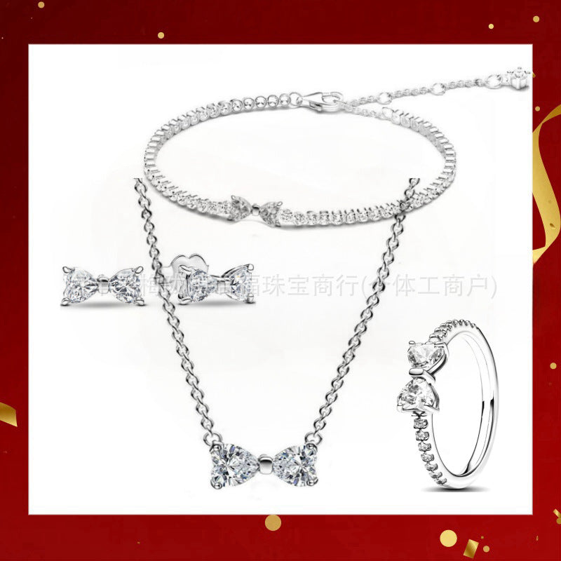 Panjia Silver Plated Hot Selling Product Bow Necklace Ear Stud Ring Bracelet4Set Gift Set Women's All-Matching
