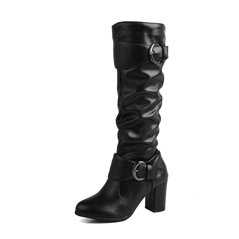 33-52Plus Size Autumn Winter Women's Boots with Belt Buckle, Thick High Heel, Knee-High Long Boots H776