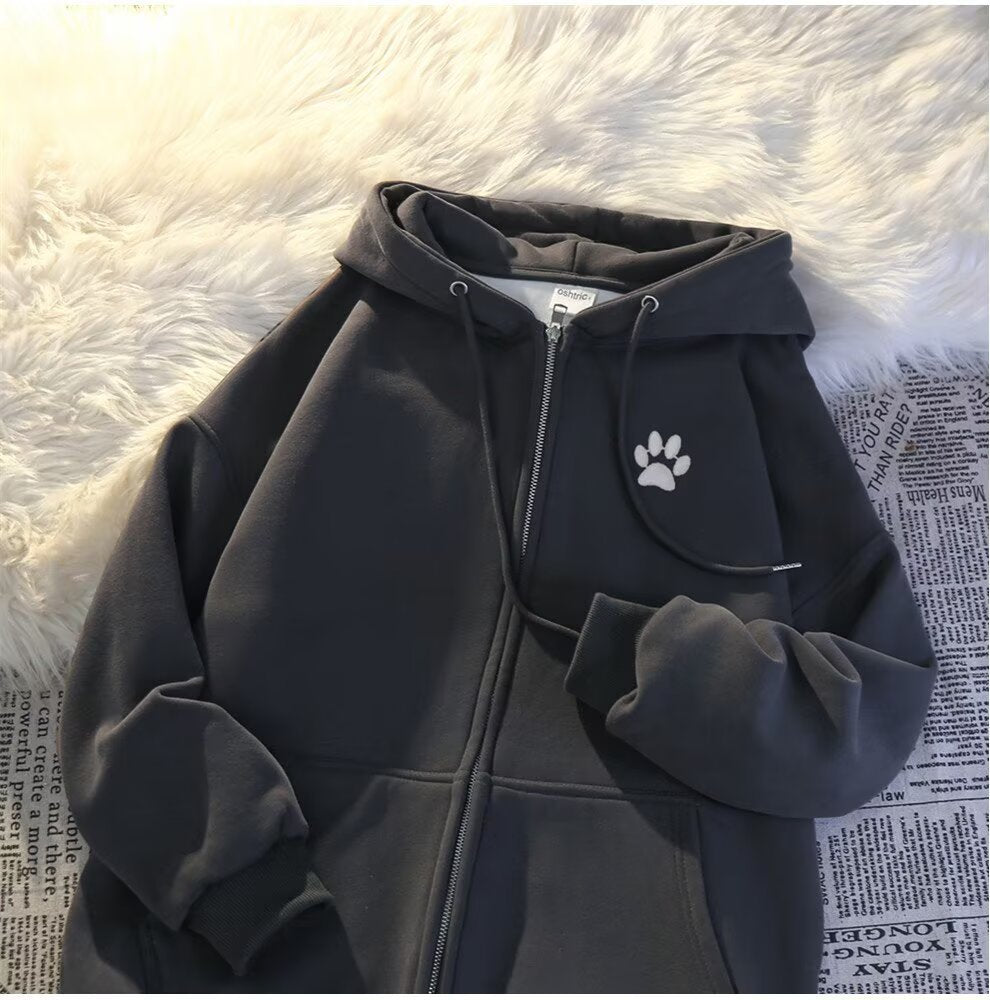 Trendy Brand Printed Hooded Sweatshirt for Women, Spring and Autumn Korean Style, Thin Loose Cardigan, Zipper Jacket, Versatile Student Top