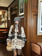 In Stock Korean Niche Trendy Brand Fair Isle Cardigan Coat for Women Loose Lazy Style High Neck Knitted Sweater