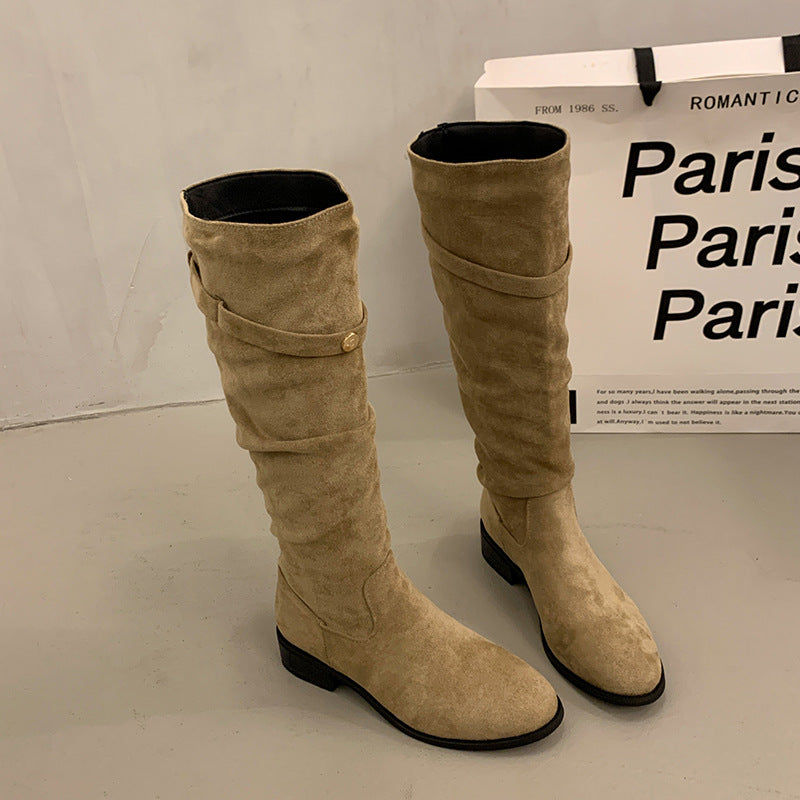 Over-the-Knee Khaki Slouch Boots High Tube Riding Boots Women's Shoes New Autumn Winter Pleated Slimming Long Boots