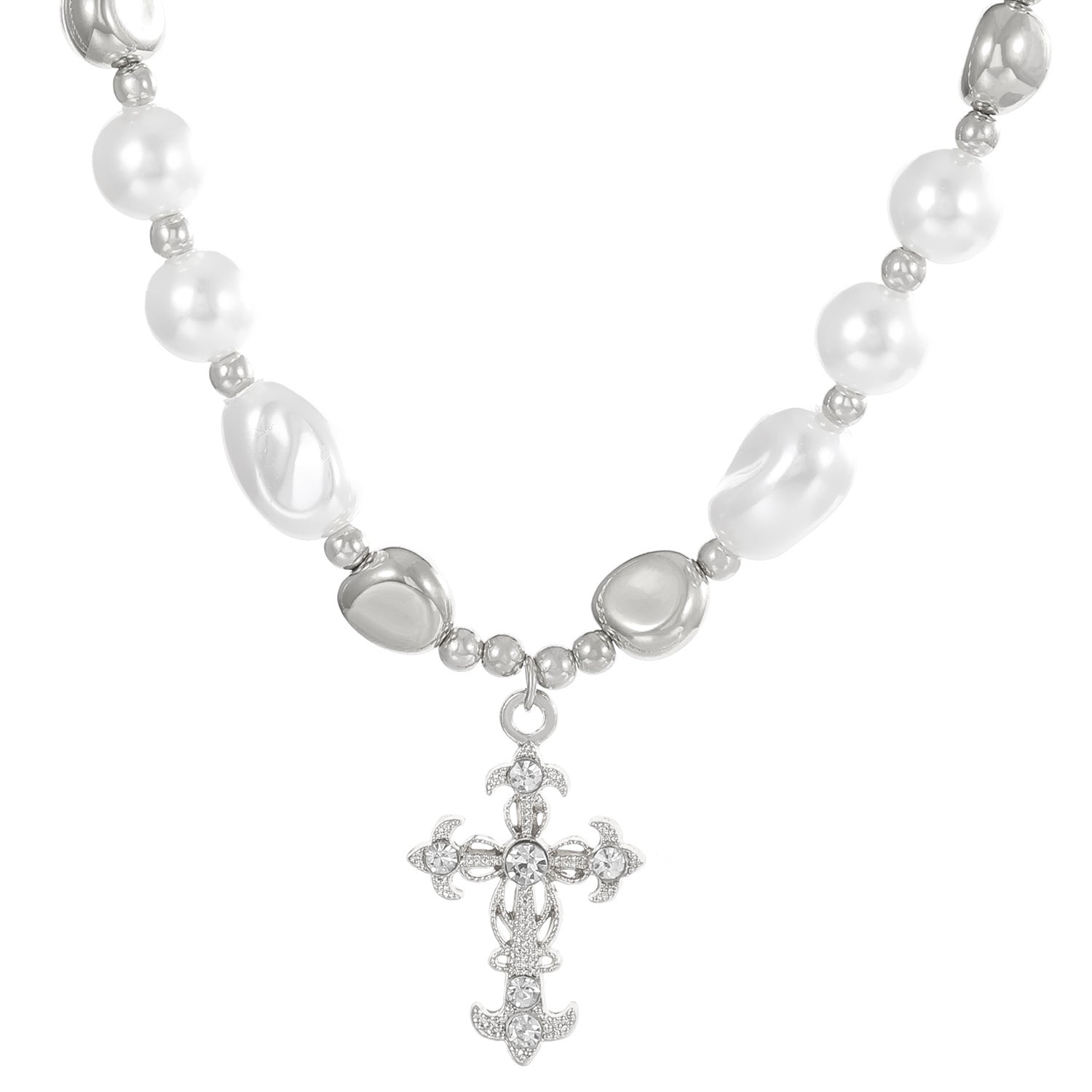 Celebrity Style Accessories ins Vintage Alloy Retro Pearl Cross Pendant Accessory Punk Versatile Multi-layer Sweater Necklace for Women Trendy