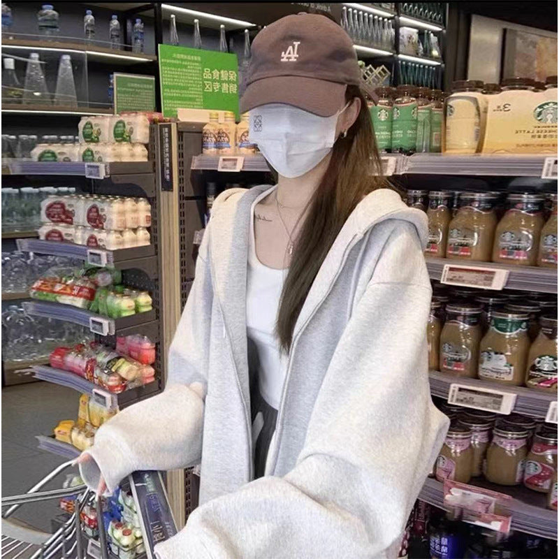 Early Autumn Women's Sweatshirt Jacket2025Spring and Autumn New Style Hooded Loose Casual Cardigan Thin Sports Fleece Top