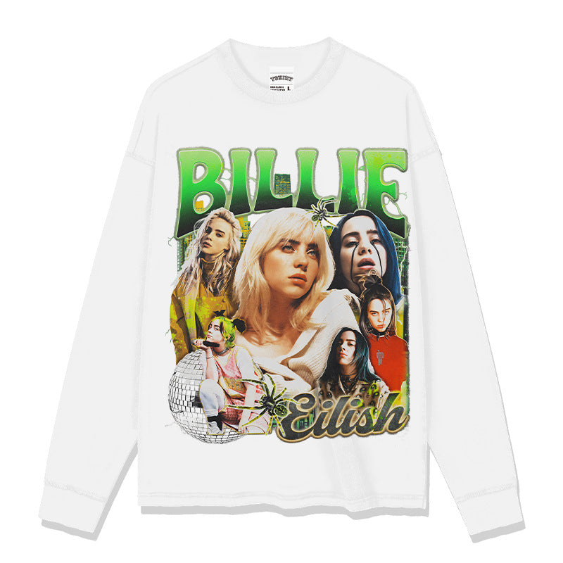 Same Style as Stars Billie Printed Short Sleeve T Trendy Heavyweight Crew Neck Hooded Sweatshirt