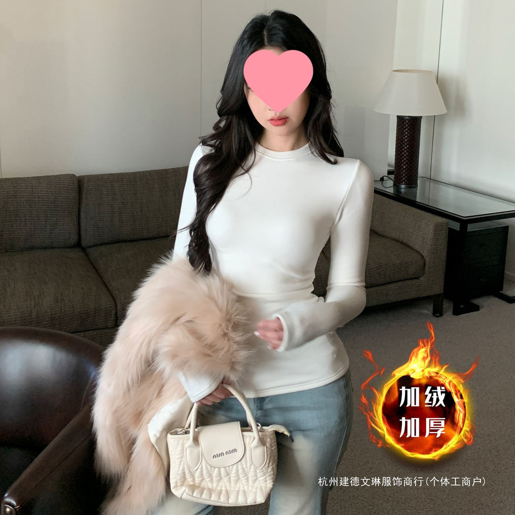 Fleece-Lined Thickened Polar Fleece Autumn Winter Base Shirt Regular Shoulder Round Neck Long Sleeve