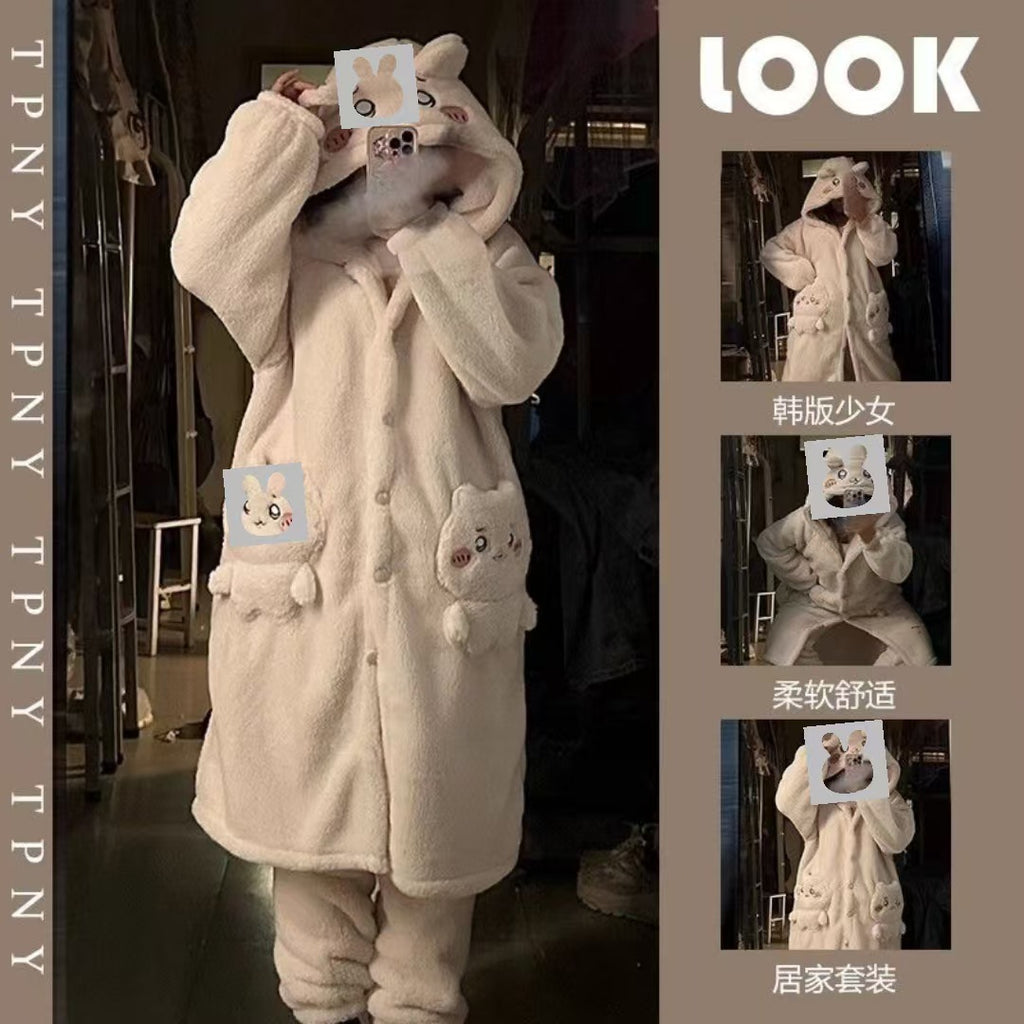 Autumn Winter Little Yellow Chicken One-Piece Pajamas Funny Cute Coral Fleece Couple Robe Unisex Homewear