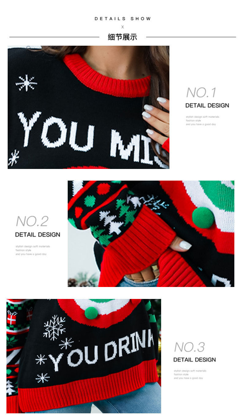 2025Autumn and Winter New Christmas Sticky Ball Sweater Women's Christmas Long Sleeve Knitted Sweater