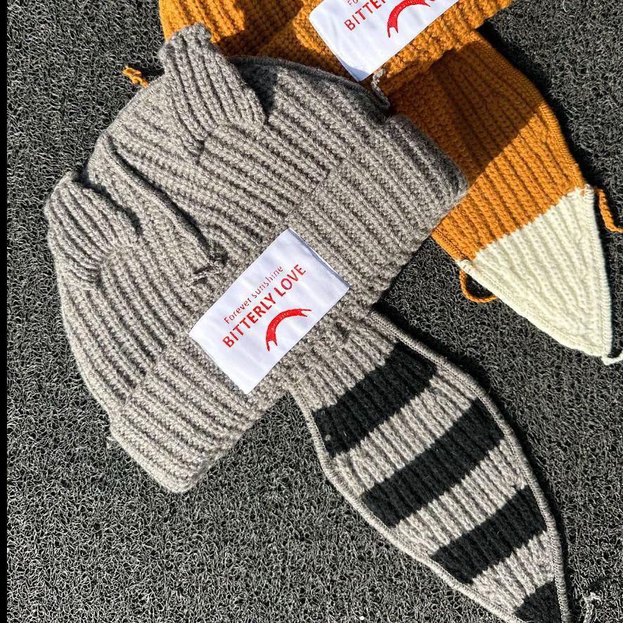 Korean Style Sweet Cute Cat Ear Knitted Hat for Women, Autumn and Winter Warm Ear Protection with Letter Patch, Versatile Knit Hat