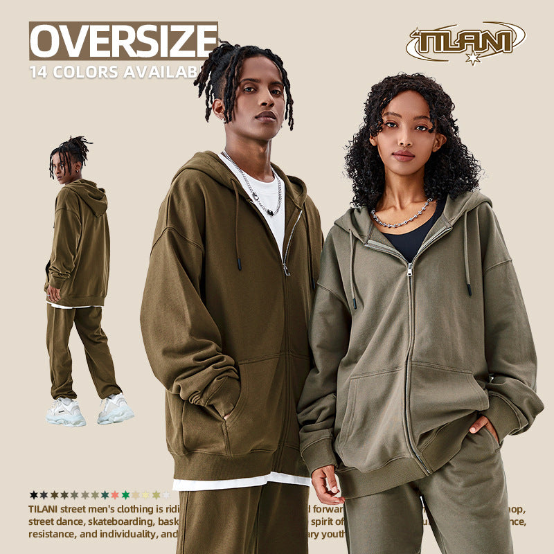 TILANI Men's Fashion Brand Dopamine400G Zipper Jacket Solid Color Unisex Cardigan Hooded Sweatshirt