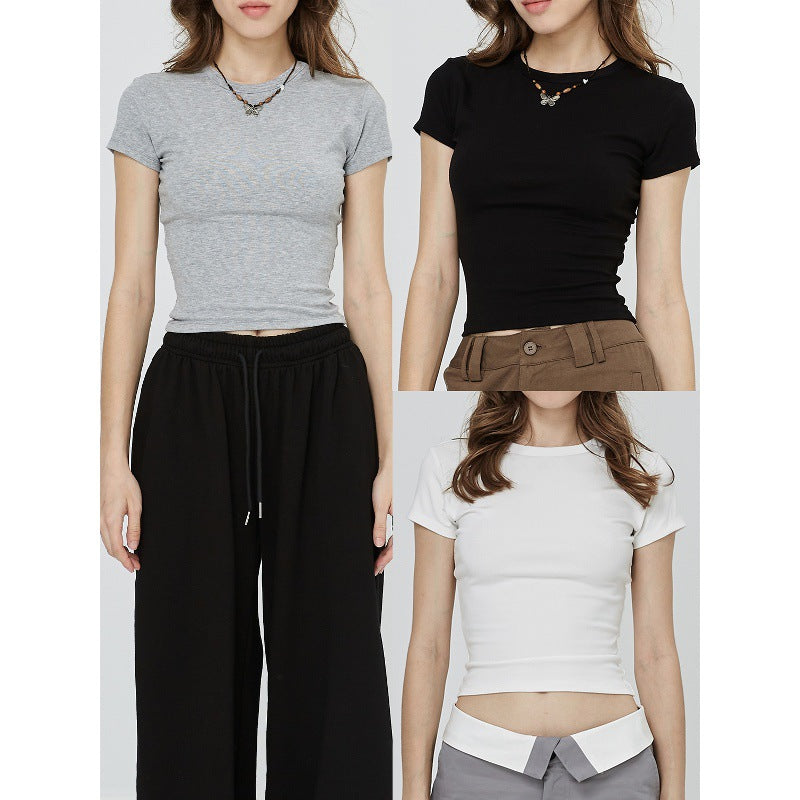 Custom Celebrity Straight Shoulder SKIMS Skin-friendly Kendall Jenner Style Short Sleeve t Women's Summer American Style Pure Desire Slim Fit Versatile Short Top