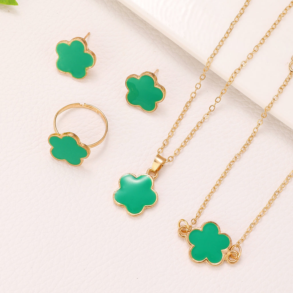 Same Style as Stars2025New Five-leaf Clover Jewelry Set for Women Simple Petal Necklace Five-leaf Flower Bracelet Ring Earrings4Set shipped together for safety