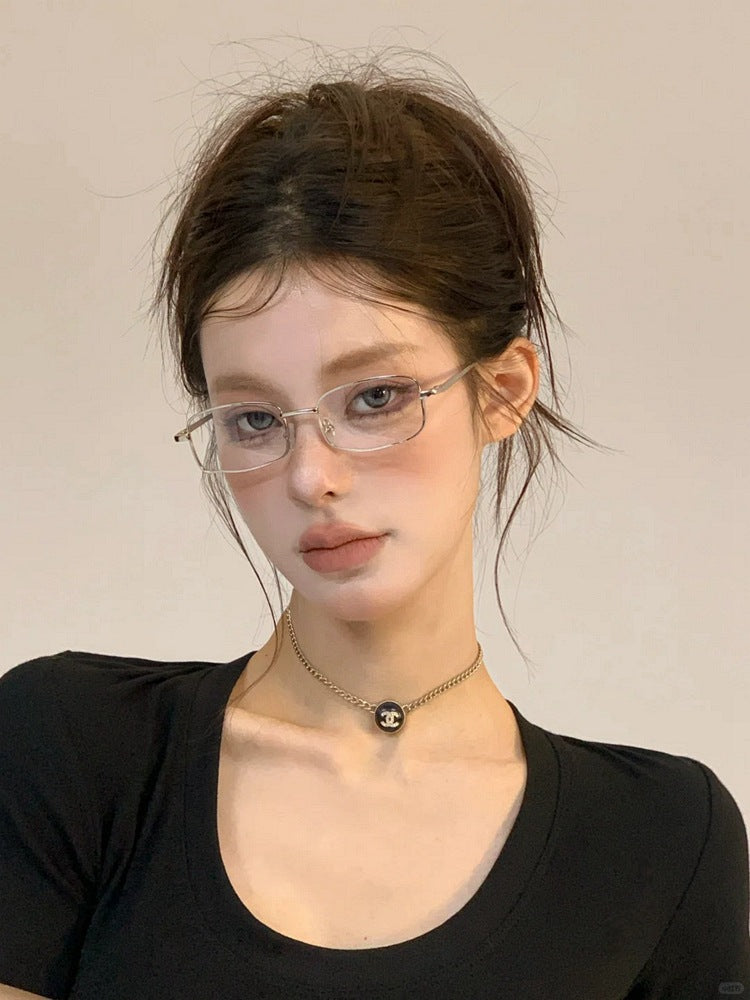 Same Style as Stars2026Latest Square Frame Gold Wire Edge Glasses Frame for Women Trendy Concave Shape Narrow Frame Small Face Retro Can Be Paired with Prescription Lenses