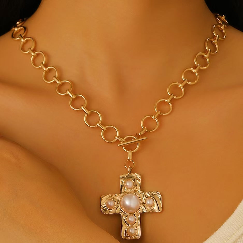 Celebrity Style Decorative Chain Jewelry Personalized Cross Alloy Pendant Necklace  Minimalist Style Clip Simple Internet Celebrity Collarbone Chain for Women