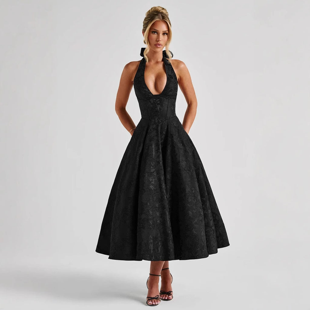 New V Collared Halter Neck Sleeveless Jacquard Tie Waist Dress Mid-Length High-End Formal Dress Trendy