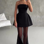 Women's New Style Strapless Elegant Waist-Cinching Mesh Black Skirt Set