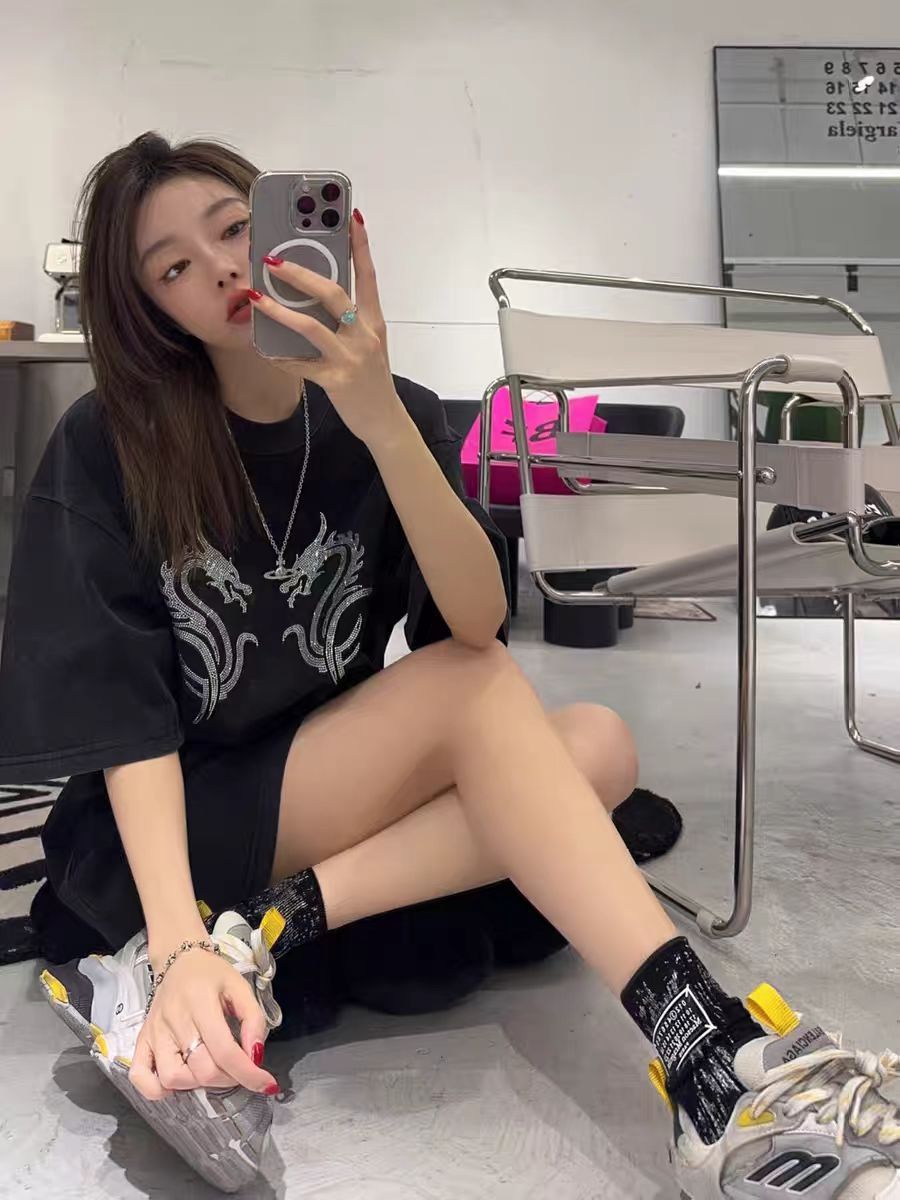 100%100% Cotton Fashion Trendy Brand Short Sleeve t Korean Style Women's Loose Hong Kong Style Heavy Rhinestone Slimming Half Sleeve Top