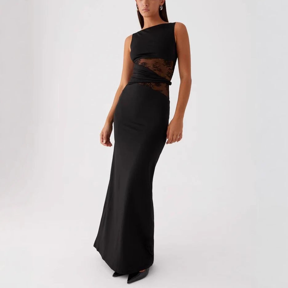 G25D047-2025Elegant Black Long Dress Slim Lace Stitching Drooping Slimming Premium Transparent