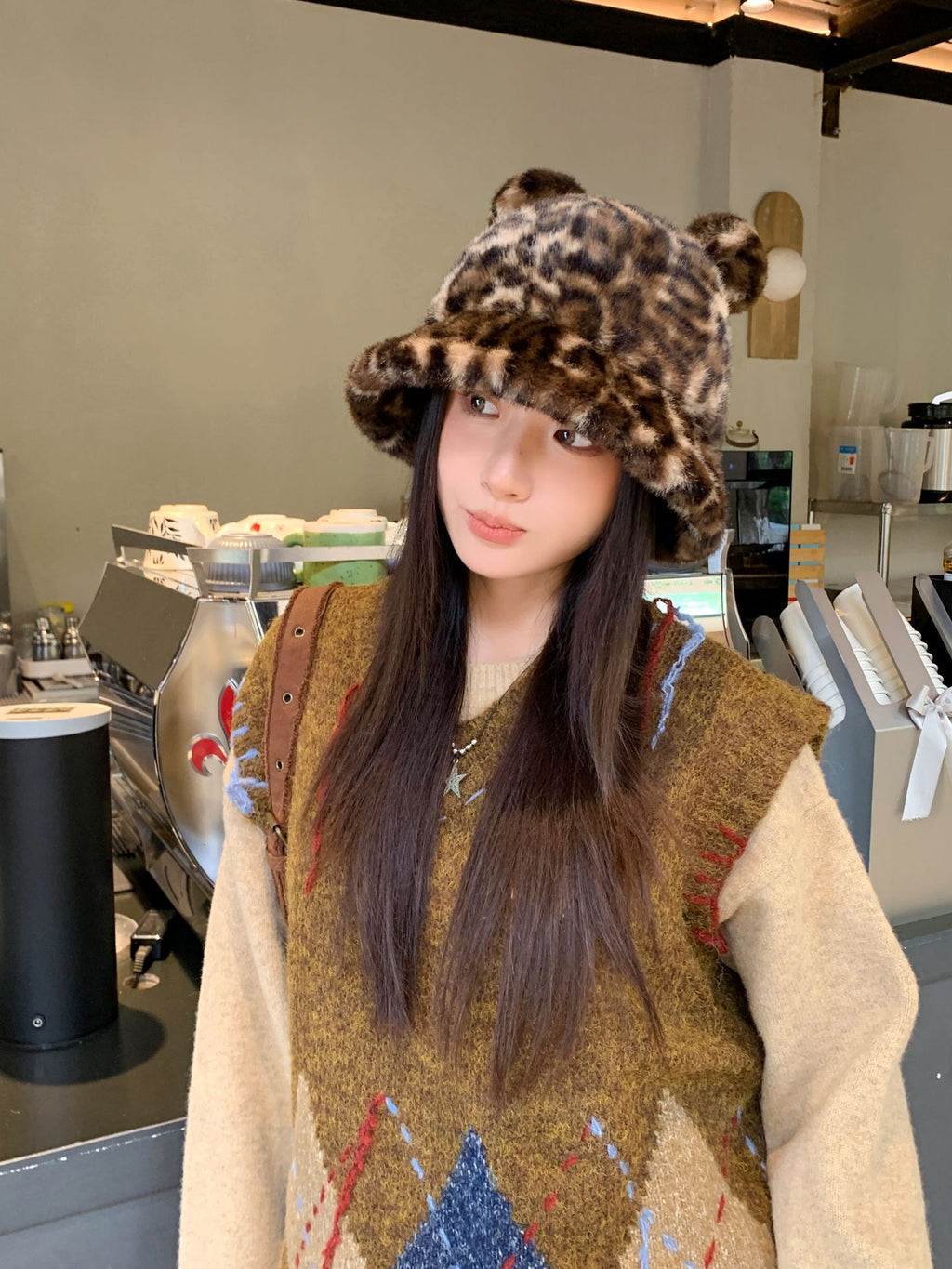 New Korean Style Casual Hat for Women Winter Cute Leopard Print Plush Fisherman Hat Korean Style Warm Versatile Student Bucket Hat